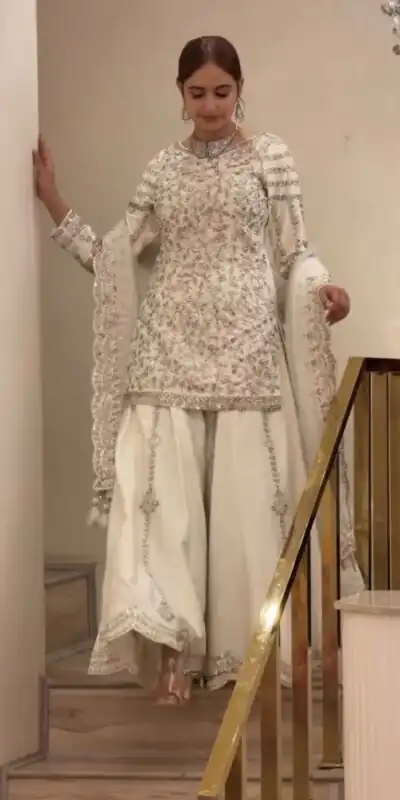 DB 47 White Faux Georgette Salwar Suit with Mirror Work & Embroidery Work. Get it for ₹2399. Delivery 4-6 Working Days. Shop now. | Casual Suits, Jump Suits, Creative suits, Designer Suits, Palazzo Suits, Party Wear Suits, Patiala Suits, Salwar suit, Straight Suits