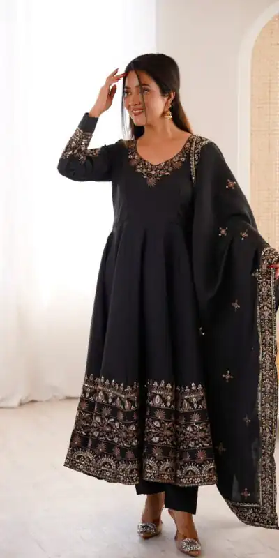 ZF 5016 Black Roman Silk Gown with Embroidery Work. Wedding, Party, Festive, Events, Navratri, Exclusive Offer ₹2499. Delivery 4-6 Working Days. Shop now. | Bollywood Gowns, Creative Gowns, Designer Gowns, Embroidered Gowns, Gowns, Party Wear Gowns
