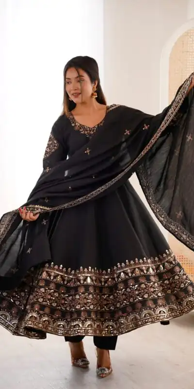 ZF 5016 Black Roman Silk Gown with Embroidery Work. Wedding, Party, Festive, Events, Navratri, Exclusive Offer ₹2499. Delivery 4-6 Working Days. Shop now. | Bollywood Gowns, Creative Gowns, Designer Gowns, Embroidered Gowns, Gowns, Party Wear Gowns