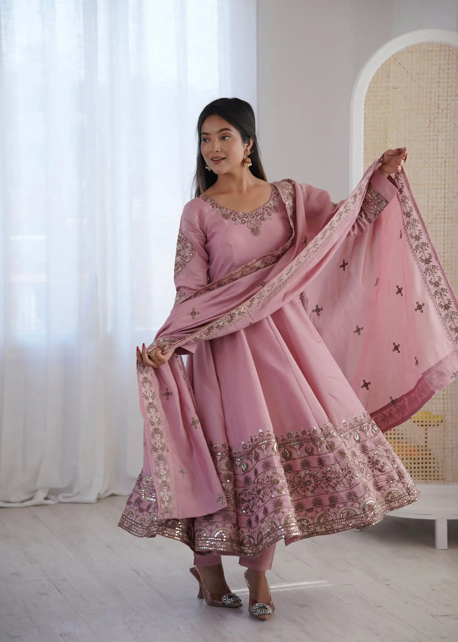 ZF 5016 Dusty Pink Roman Silk Gown with Embroidery Work. Wedding, Party, Festive, Events, Navratri, Offer ₹2499. Delivery 4-6 Working Days. Shop now. | Bollywood Gowns, Creative Gowns, Designer Gowns, Embroidered Gowns, Gowns, Party Wear Gowns