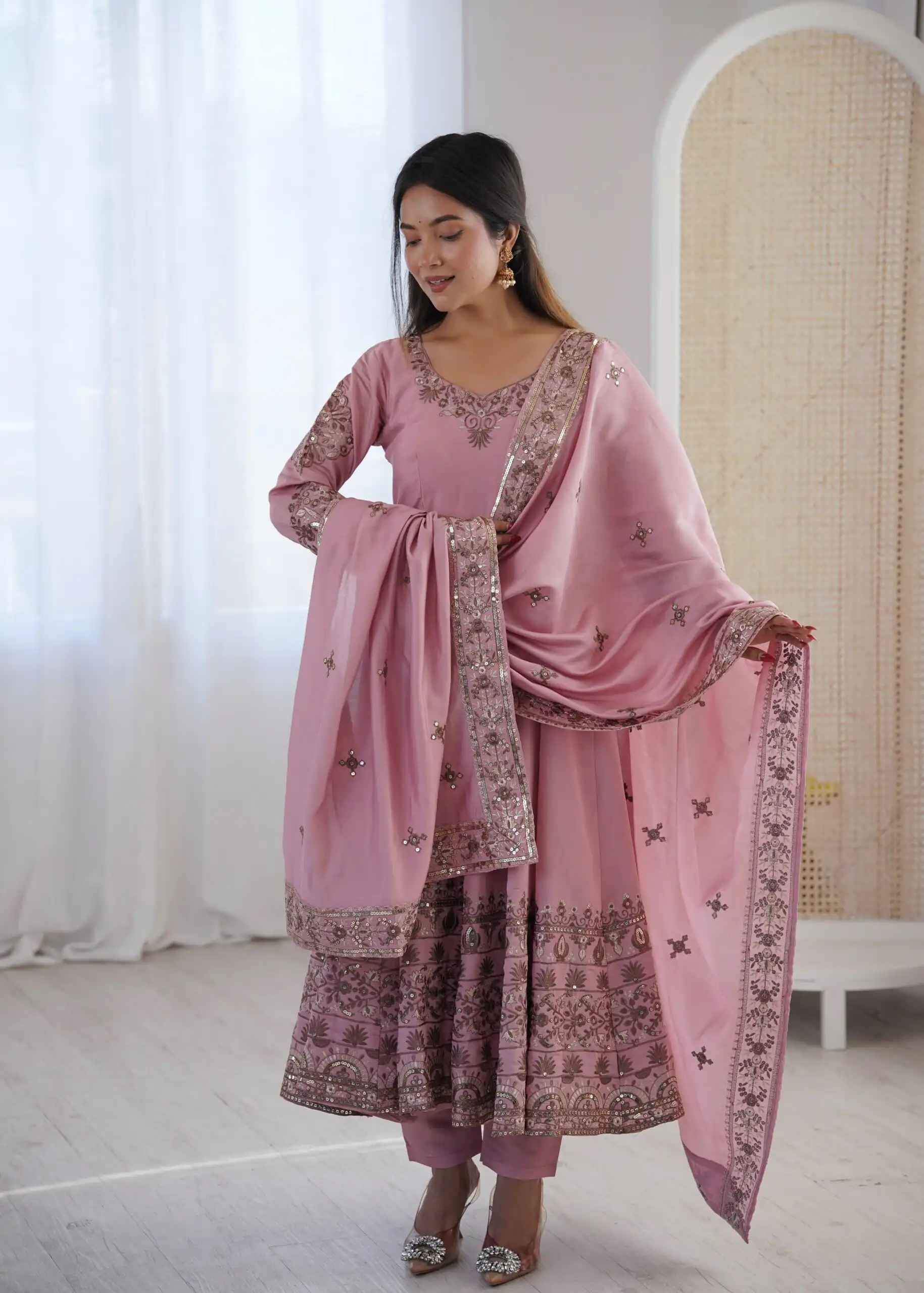 ZF 5016 Dusty Pink Roman Silk Gown with Embroidery Work. Wedding, Party, Festive, Events, Navratri, Offer ₹2499. Delivery 4-6 Working Days. Shop now. | Bollywood Gowns, Creative Gowns, Designer Gowns, Embroidered Gowns, Gowns, Party Wear Gowns