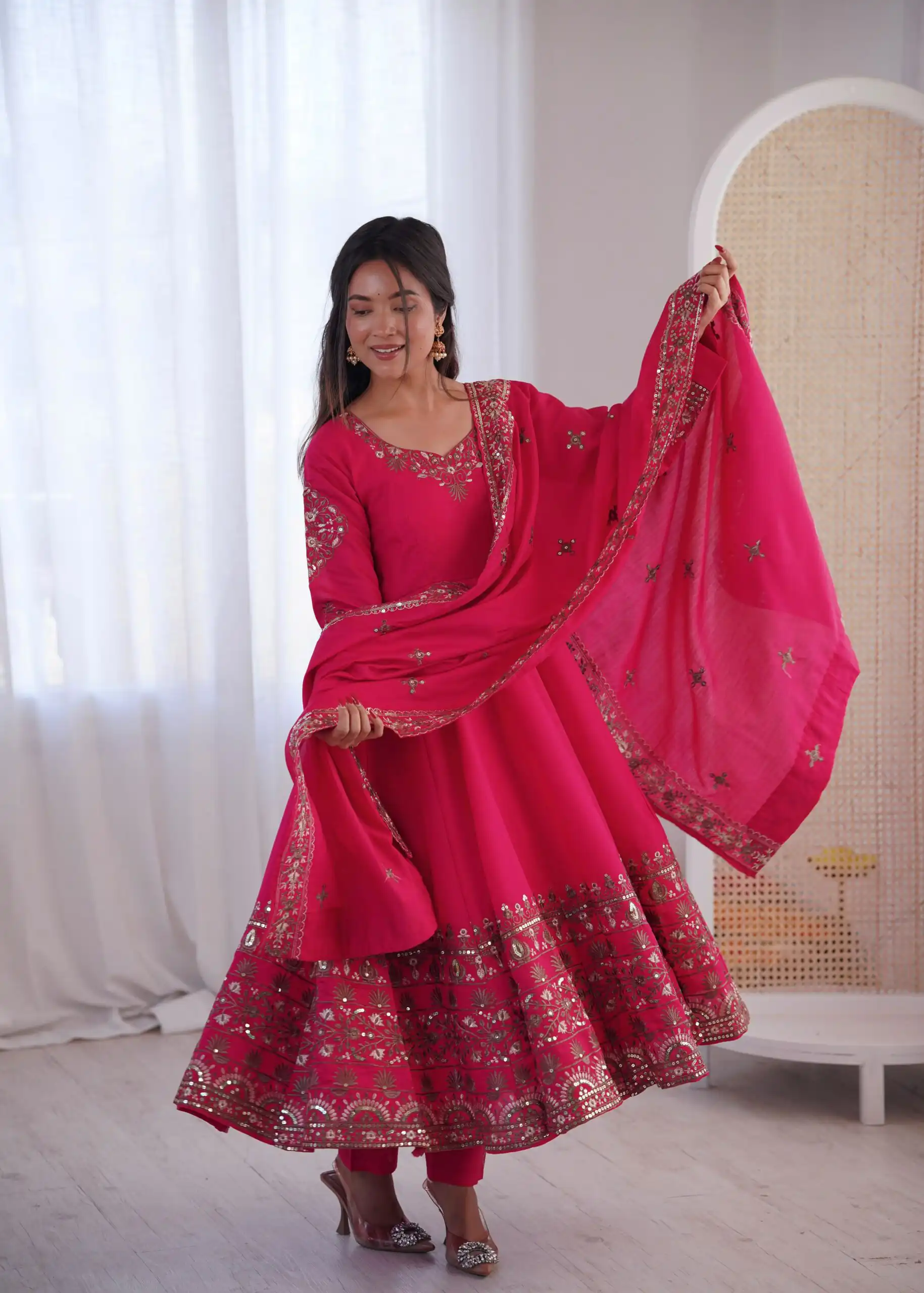 ZF 5016 Pink Roman Silk Gown with Embroidery Work. Wedding, Party, Festive, Events, Navratri, Exclusive Offer ₹2499. Delivery 4-6 Working Days. Shop now. | Bollywood Gowns, Creative Gowns, Designer Gowns, Embroidered Gowns, Gowns, Party Wear Gowns