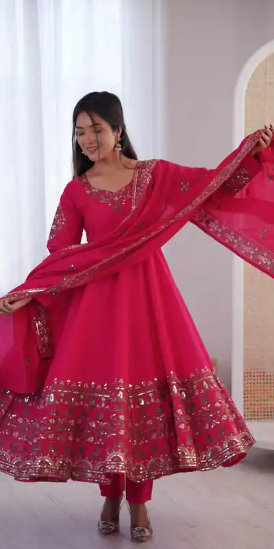 ZF 5016 Pink Roman Silk Gown with Embroidery Work. Wedding, Party, Festive, Events, Navratri, Exclusive Offer ₹2499. Delivery 4-6 Working Days. Shop now. | Bollywood Gowns, Creative Gowns, Designer Gowns, Embroidered Gowns, Gowns, Party Wear Gowns