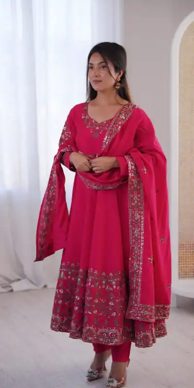 ZF 5016 Pink Roman Silk Gown with Embroidery Work. Wedding, Party, Festive, Events, Navratri, Exclusive Offer ₹2499. Delivery 4-6 Working Days. Shop now. | Bollywood Gowns, Creative Gowns, Designer Gowns, Embroidered Gowns, Gowns, Party Wear Gowns