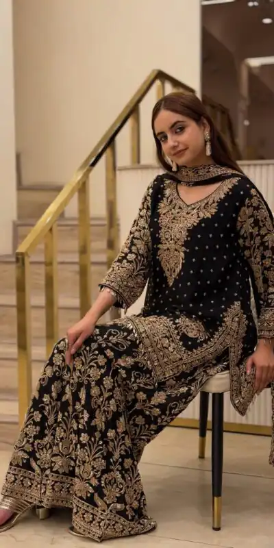 KF 1733 Black Faux Georgette Salwar Suit with Mirror Work & Embroidery Work. Get it for ₹2849. Delivery 4-6 Working Days. Shop now. | Casual Suits, Jump Suits, Creative suits, Designer Suits, Palazzo Suits, Party Wear Suits, Patiala Suits, Salwar suit, Straight Suits