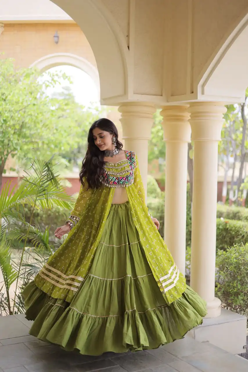 KA 5081 Mahendi| Faux Georgette Lehenga Choli with Embroidery Work & Lace Work. Special Price ₹3099. Delivery 4-6 Working Days. Shop now. | Bollywood Lehenga, Creative Lehenga, Designer Lehenga, Embroidered Lehenga, Lehenga, Party Wear Lehenga