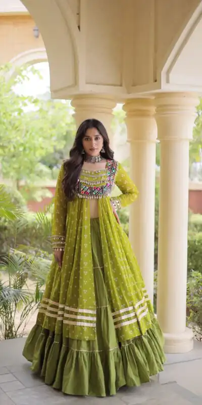 KA 5081 Mahendi| Faux Georgette Lehenga Choli with Embroidery Work & Lace Work. Special Price ₹3099. Delivery 4-6 Working Days. Shop now. | Bollywood Lehenga, Creative Lehenga, Designer Lehenga, Embroidered Lehenga, Lehenga, Party Wear Lehenga