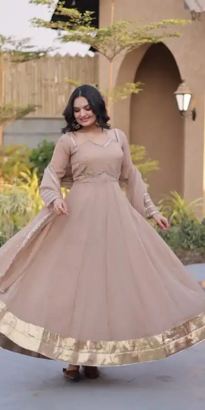 KA 1261 Cream Silver Crunchy Gown Perfect for Wedding, Party, Durga Puja, Ganesh Chaturthi, Family Gatherings – n. Festive Deal ₹2249. Delivery 4-6 Worki | Bollywood Gowns, Creative Gowns, Designer Gowns, Embroidered Gowns, Gowns, Party Wear Gowns