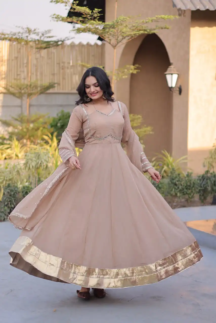 KA 1261 Cream Silver Crunchy Gown Perfect for Wedding, Party, Durga Puja, Ganesh Chaturthi, Family Gatherings – n. Festive Deal ₹2249. Delivery 4-6 Worki | Bollywood Gowns, Creative Gowns, Designer Gowns, Embroidered Gowns, Gowns, Party Wear Gowns