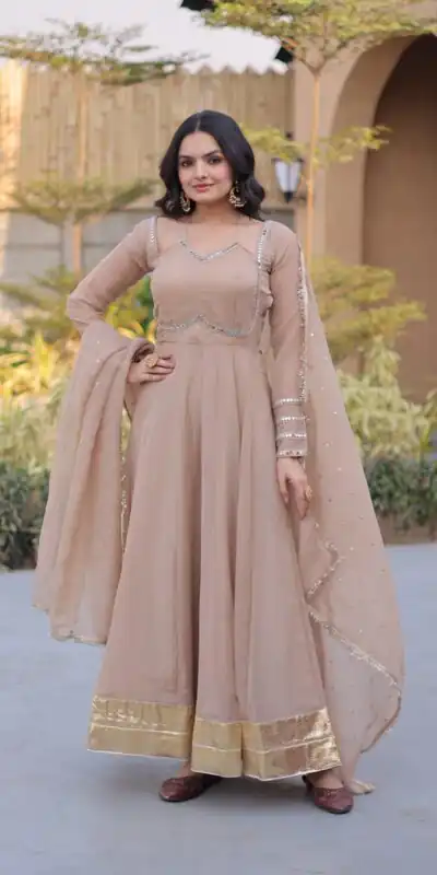 KA 1261 Cream Silver Crunchy Gown Perfect for Wedding, Party, Durga Puja, Ganesh Chaturthi, Family Gatherings – n. Festive Deal ₹2249. Delivery 4-6 Worki | Bollywood Gowns, Creative Gowns, Designer Gowns, Embroidered Gowns, Gowns, Party Wear Gowns