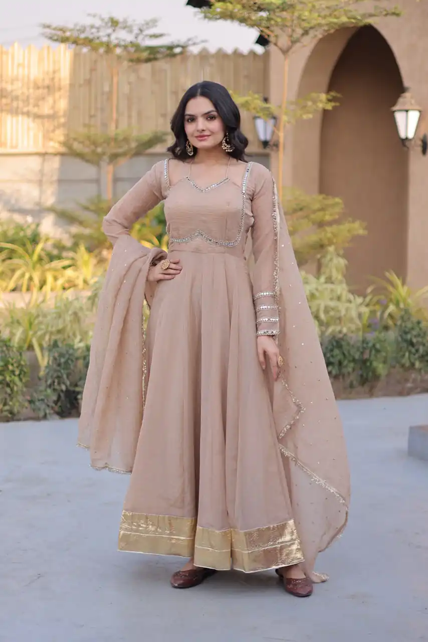 KA 1261 Cream Silver Crunchy Gown Perfect for Wedding, Party, Durga Puja, Ganesh Chaturthi, Family Gatherings – n. Festive Deal ₹2249. Delivery 4-6 Worki | Bollywood Gowns, Creative Gowns, Designer Gowns, Embroidered Gowns, Gowns, Party Wear Gowns