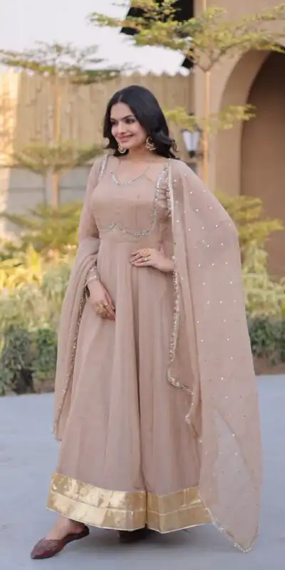 KA 1261 Cream Silver Crunchy Gown Perfect for Wedding, Party, Durga Puja, Ganesh Chaturthi, Family Gatherings – n. Festive Deal ₹2249. Delivery 4-6 Worki | Bollywood Gowns, Creative Gowns, Designer Gowns, Embroidered Gowns, Gowns, Party Wear Gowns