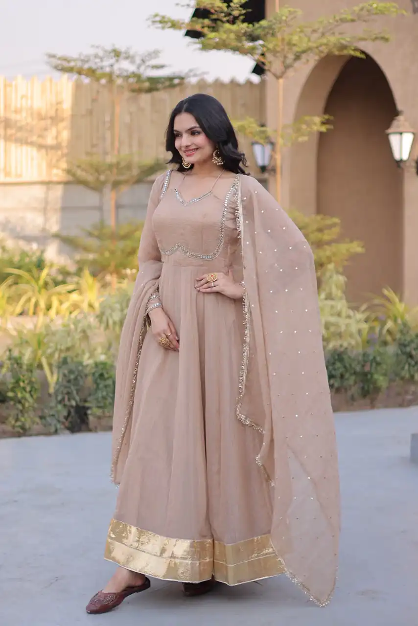 KA 1261 Cream Silver Crunchy Gown Perfect for Wedding, Party, Durga Puja, Ganesh Chaturthi, Family Gatherings – n. Festive Deal ₹2249. Delivery 4-6 Worki | Bollywood Gowns, Creative Gowns, Designer Gowns, Embroidered Gowns, Gowns, Party Wear Gowns