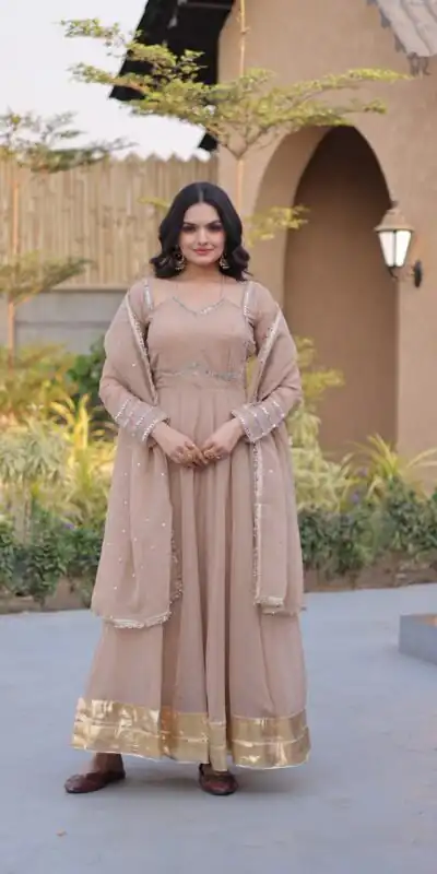 KA 1261 Cream Silver Crunchy Gown Perfect for Wedding, Party, Durga Puja, Ganesh Chaturthi, Family Gatherings – n. Festive Deal ₹2249. Delivery 4-6 Worki | Bollywood Gowns, Creative Gowns, Designer Gowns, Embroidered Gowns, Gowns, Party Wear Gowns