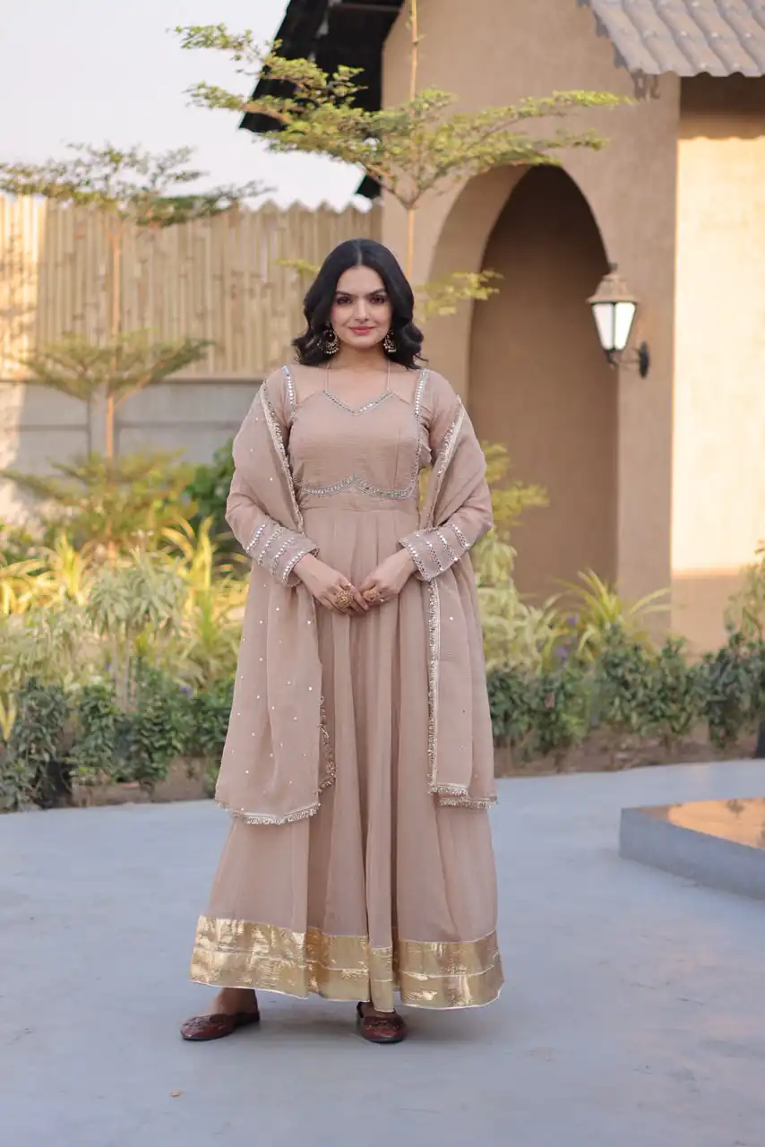 KA 1261 Cream Silver Crunchy Gown Perfect for Wedding, Party, Durga Puja, Ganesh Chaturthi, Family Gatherings – n. Festive Deal ₹2249. Delivery 4-6 Worki | Bollywood Gowns, Creative Gowns, Designer Gowns, Embroidered Gowns, Gowns, Party Wear Gowns