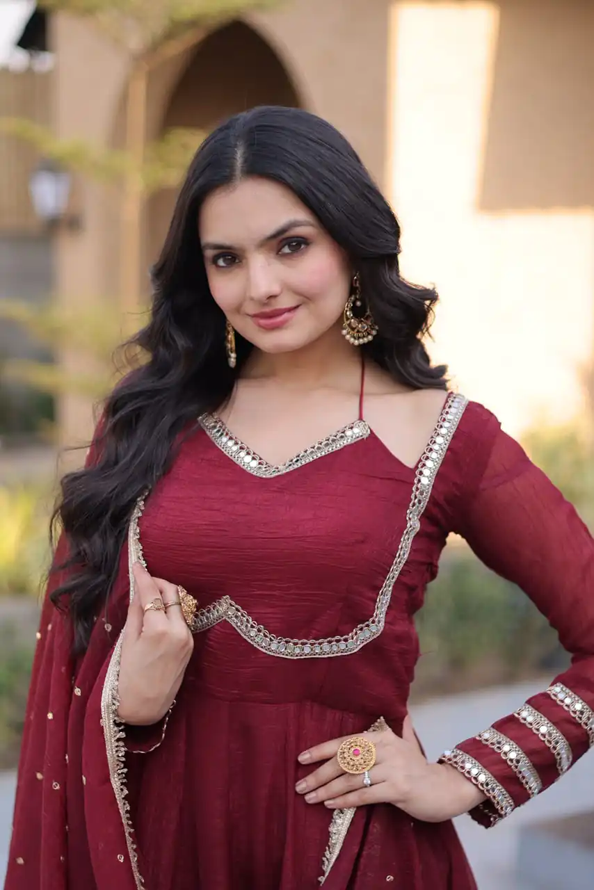 KA 1261 Maroon Silver Crunchy Gown Perfect for Wedding, Party, Durga Puja, Ganesh Chaturthi, Family Gatherings – n. Festive Deal ₹2249. Delivery 4-6 Worki | Bollywood Gowns, Creative Gowns, Designer Gowns, Embroidered Gowns, Gowns, Party Wear Gowns