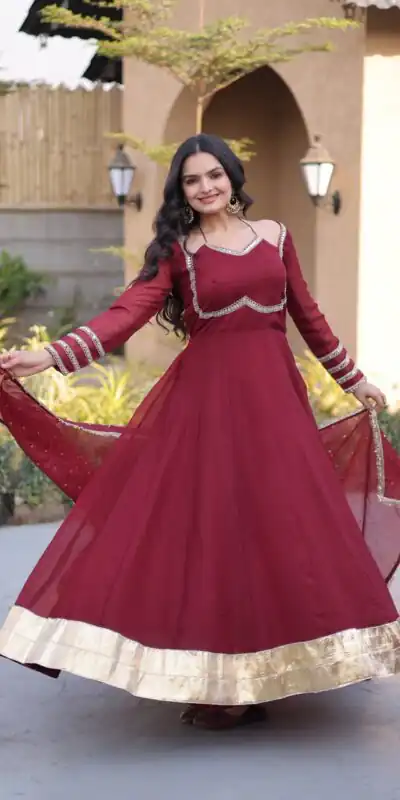KA 1261 Maroon Silver Crunchy Gown Perfect for Wedding, Party, Durga Puja, Ganesh Chaturthi, Family Gatherings – n. Festive Deal ₹2249. Delivery 4-6 Worki | Bollywood Gowns, Creative Gowns, Designer Gowns, Embroidered Gowns, Gowns, Party Wear Gowns