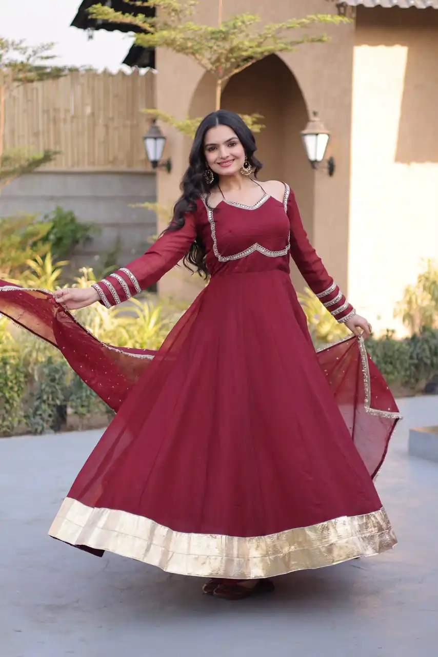 KA 1261 Maroon Silver Crunchy Gown Perfect for Wedding, Party, Durga Puja, Ganesh Chaturthi, Family Gatherings – n. Festive Deal ₹2249. Delivery 4-6 Worki | Bollywood Gowns, Creative Gowns, Designer Gowns, Embroidered Gowns, Gowns, Party Wear Gowns