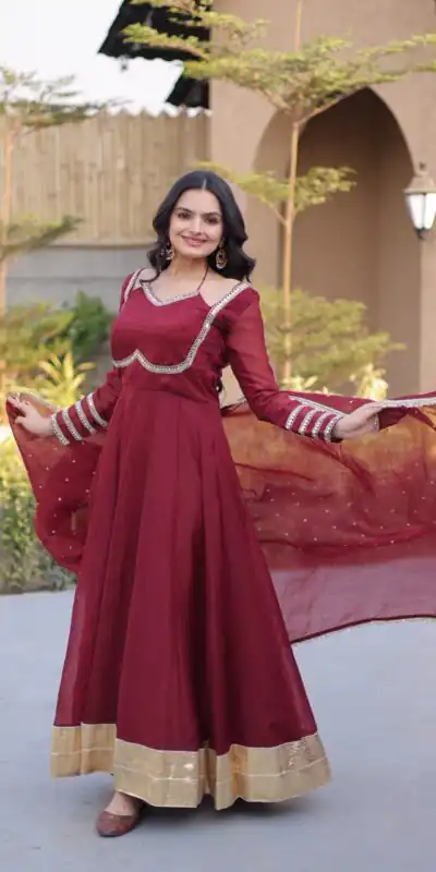 KA 1261 Maroon Silver Crunchy Gown Perfect for Wedding, Party, Durga Puja, Ganesh Chaturthi, Family Gatherings – n. Festive Deal ₹2249. Delivery 4-6 Worki | Bollywood Gowns, Creative Gowns, Designer Gowns, Embroidered Gowns, Gowns, Party Wear Gowns