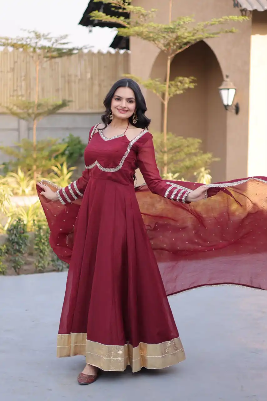 KA 1261 Maroon Silver Crunchy Gown Perfect for Wedding, Party, Durga Puja, Ganesh Chaturthi, Family Gatherings – n. Festive Deal ₹2249. Delivery 4-6 Worki | Bollywood Gowns, Creative Gowns, Designer Gowns, Embroidered Gowns, Gowns, Party Wear Gowns