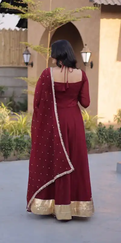 KA 1261 Maroon Silver Crunchy Gown Perfect for Wedding, Party, Durga Puja, Ganesh Chaturthi, Family Gatherings – n. Festive Deal ₹2249. Delivery 4-6 Worki | Bollywood Gowns, Creative Gowns, Designer Gowns, Embroidered Gowns, Gowns, Party Wear Gowns