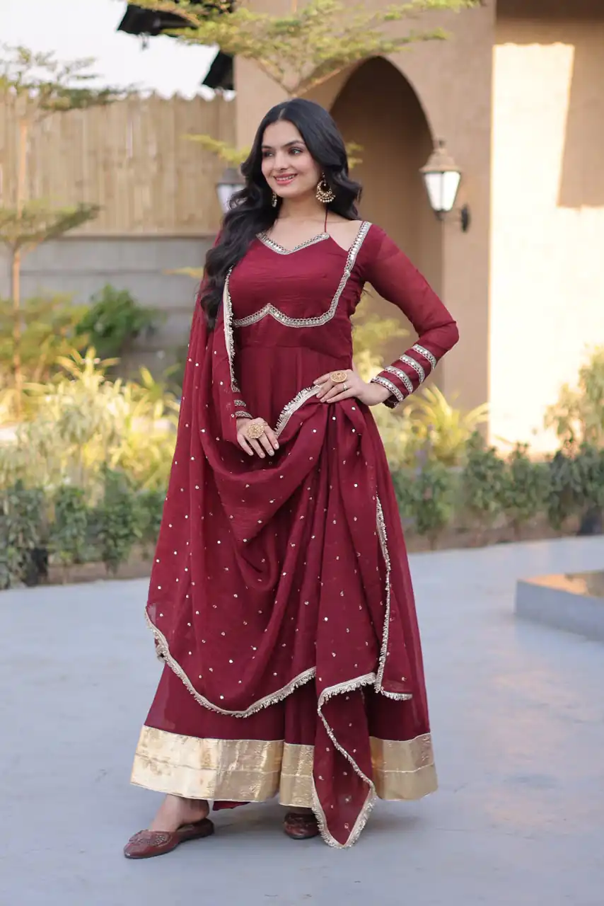 KA 1261 Maroon Silver Crunchy Gown Perfect for Wedding, Party, Durga Puja, Ganesh Chaturthi, Family Gatherings – n. Festive Deal ₹2249. Delivery 4-6 Worki | Bollywood Gowns, Creative Gowns, Designer Gowns, Embroidered Gowns, Gowns, Party Wear Gowns