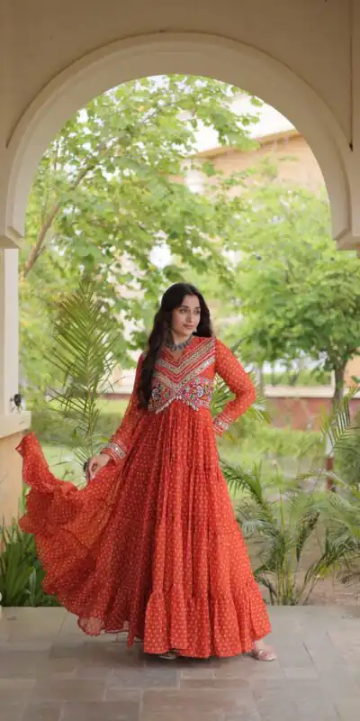 KA 1271 Orange in Colour Faux Georgette Bandhani Print Work Gown. Available at ₹2069 only. Delivery 4-6 Working Days. Shop now. | Bollywood Gowns, Creative Gowns, Designer Gowns, Embroidered Gowns, Gowns, Party Wear Gowns