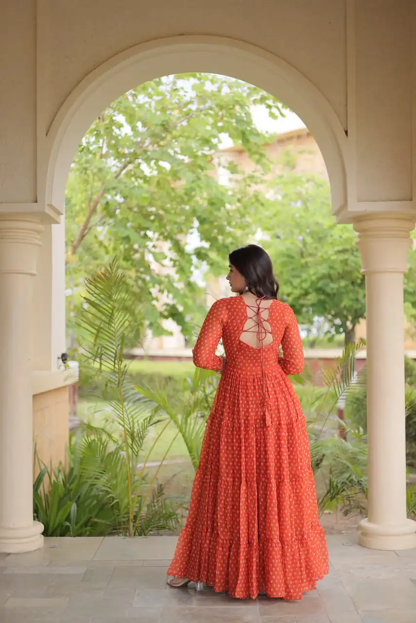 KA 1271 Orange in Colour Faux Georgette Bandhani Print Work Gown. Available at ₹2069 only. Delivery 4-6 Working Days. Shop now. | Bollywood Gowns, Creative Gowns, Designer Gowns, Embroidered Gowns, Gowns, Party Wear Gowns