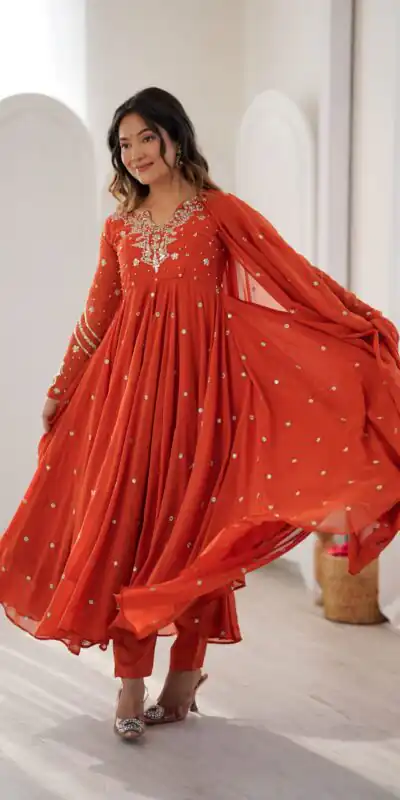 JF 056 Orange Faux Georgette Salwar Suit with Mirror Work & Embroidery Work. Get it for ₹2349. Delivery 4-6 Working Days. Shop now. | Casual Suits, Jump Suits, Creative suits, Designer Suits, Palazzo Suits, Party Wear Suits, Patiala Suits, Salwar suit, Straight Suits