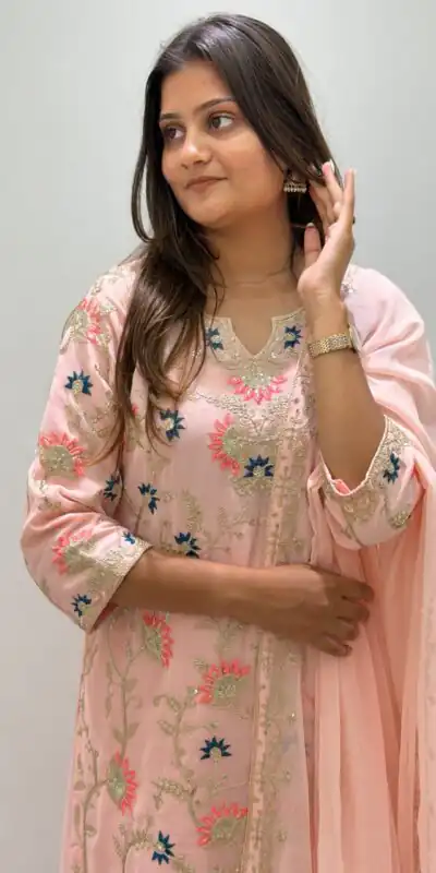 BE 486 Peach Faux Georgette Salwar Suit with Mirror Work & Embroidery Work. Get it for ₹2449. Delivery 4-6 Working Days. Shop now. | Casual Suits, Jump Suits, Creative suits, Designer Suits, Palazzo Suits, Party Wear Suits, Patiala Suits, Salwar suit, Straight Suits