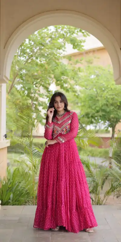 KA 1271 Pink in Colour Faux Georgette Bandhani Print Work Gown. Available at ₹2069 only. Delivery 4-6 Working Days. Shop now. | Bollywood Gowns, Creative Gowns, Designer Gowns, Embroidered Gowns, Gowns, Party Wear Gowns