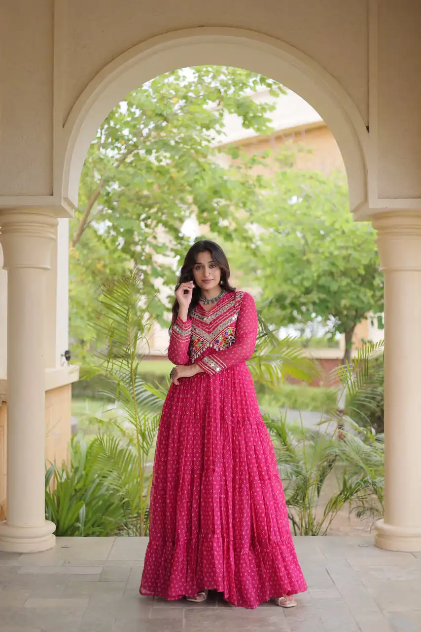 KA 1271 Pink in Colour Faux Georgette Bandhani Print Work Gown. Available at ₹2069 only. Delivery 4-6 Working Days. Shop now. | Bollywood Gowns, Creative Gowns, Designer Gowns, Embroidered Gowns, Gowns, Party Wear Gowns