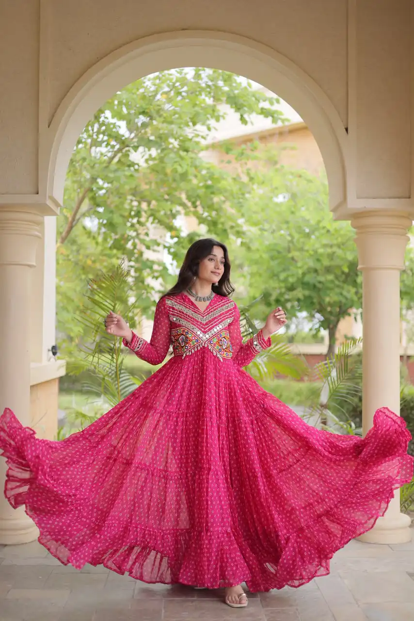 KA 1271 Pink in Colour Faux Georgette Bandhani Print Work Gown. Available at ₹2069 only. Delivery 4-6 Working Days. Shop now. | Bollywood Gowns, Creative Gowns, Designer Gowns, Embroidered Gowns, Gowns, Party Wear Gowns