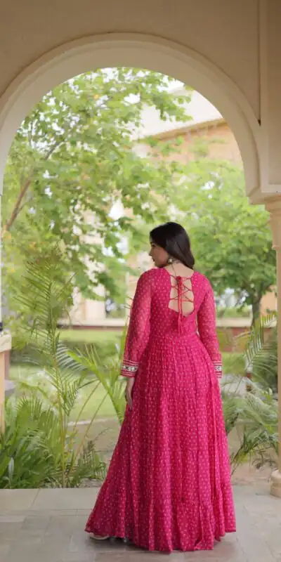 KA 1271 Pink in Colour Faux Georgette Bandhani Print Work Gown. Available at ₹2069 only. Delivery 4-6 Working Days. Shop now. | Bollywood Gowns, Creative Gowns, Designer Gowns, Embroidered Gowns, Gowns, Party Wear Gowns