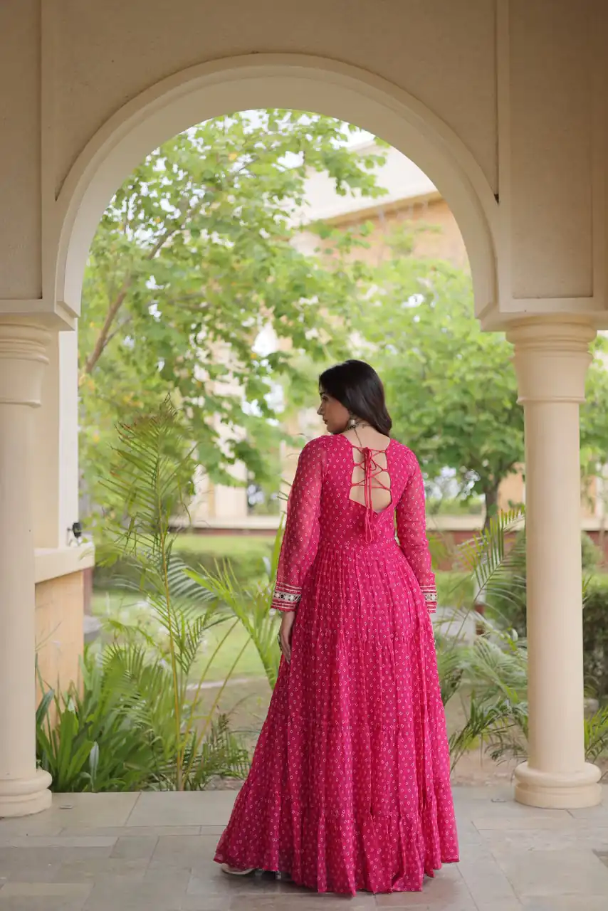 KA 1271 Pink in Colour Faux Georgette Bandhani Print Work Gown. Available at ₹2069 only. Delivery 4-6 Working Days. Shop now. | Bollywood Gowns, Creative Gowns, Designer Gowns, Embroidered Gowns, Gowns, Party Wear Gowns