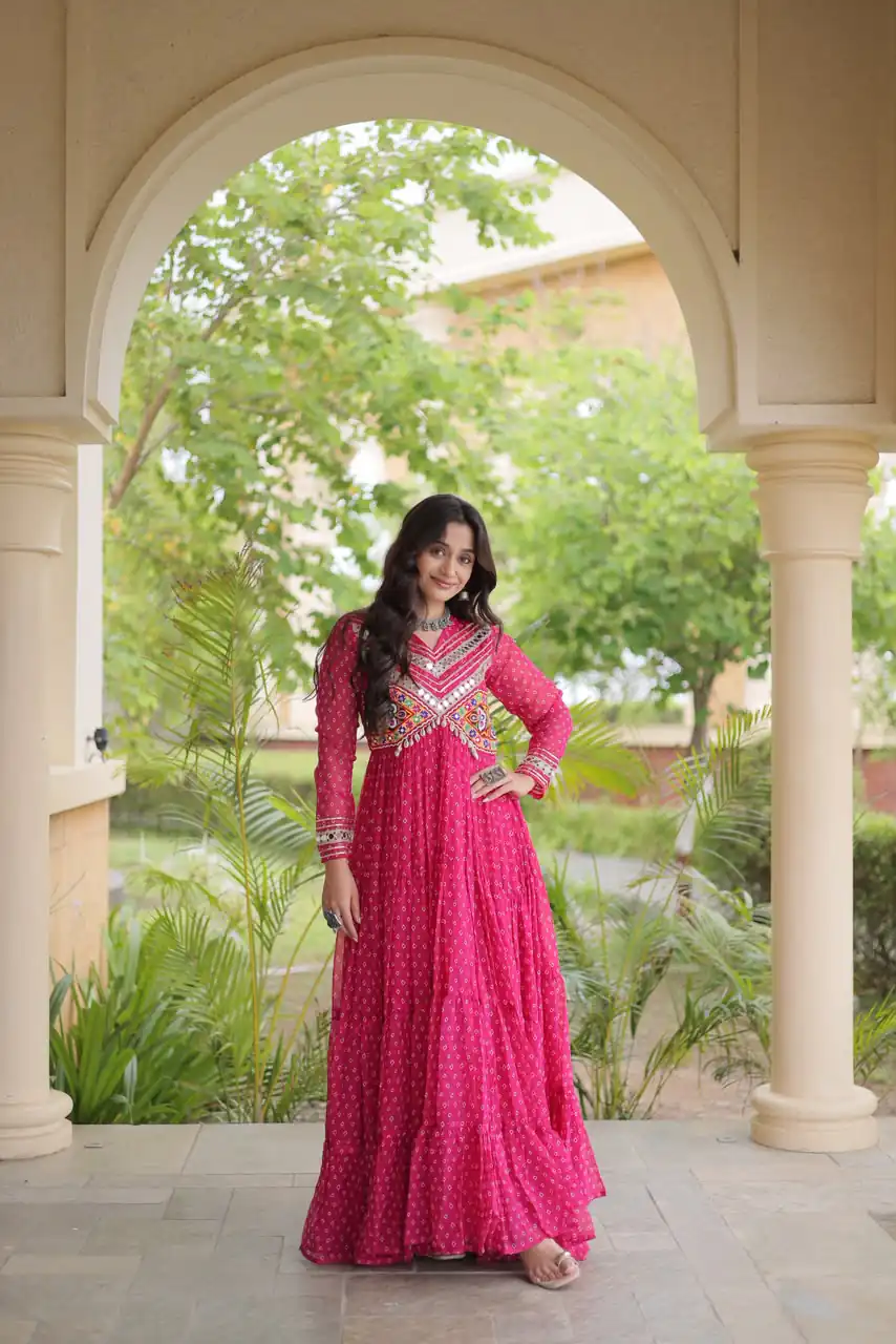 KA 1271 Pink in Colour Faux Georgette Bandhani Print Work Gown. Available at ₹2069 only. Delivery 4-6 Working Days. Shop now. | Bollywood Gowns, Creative Gowns, Designer Gowns, Embroidered Gowns, Gowns, Party Wear Gowns