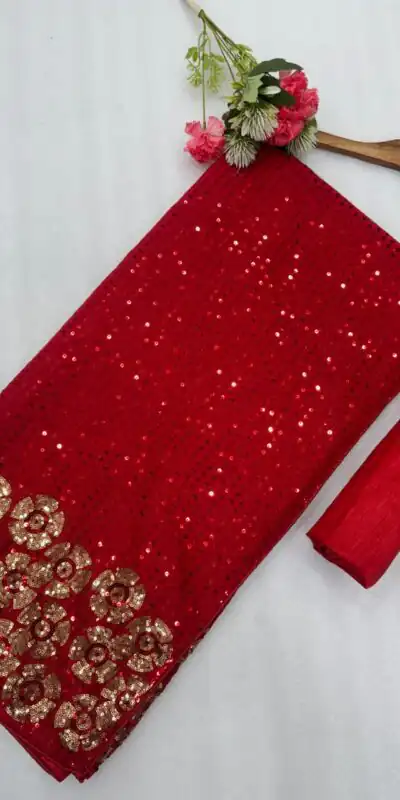 DF 3459 Red in Faux Georgette Zari Work & Embroidery Work Saree. Special Price ₹1899. Delivery 4-6 Working Days. Shop now. | Creative Sarees, Bollywood Sarees, Designer Sarees, Embroidered Sarees, Ethnic Saree, Modern Digital sarees, Party Wear Sarees, Sarees