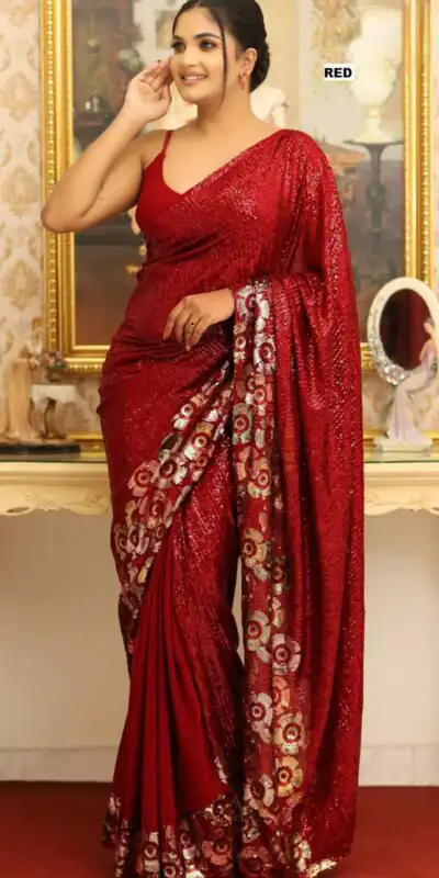DF 3459 Red in Faux Georgette Zari Work & Embroidery Work Saree. Special Price ₹1899. Delivery 4-6 Working Days. Shop now. | Creative Sarees, Bollywood Sarees, Designer Sarees, Embroidered Sarees, Ethnic Saree, Modern Digital sarees, Party Wear Sarees, Sarees