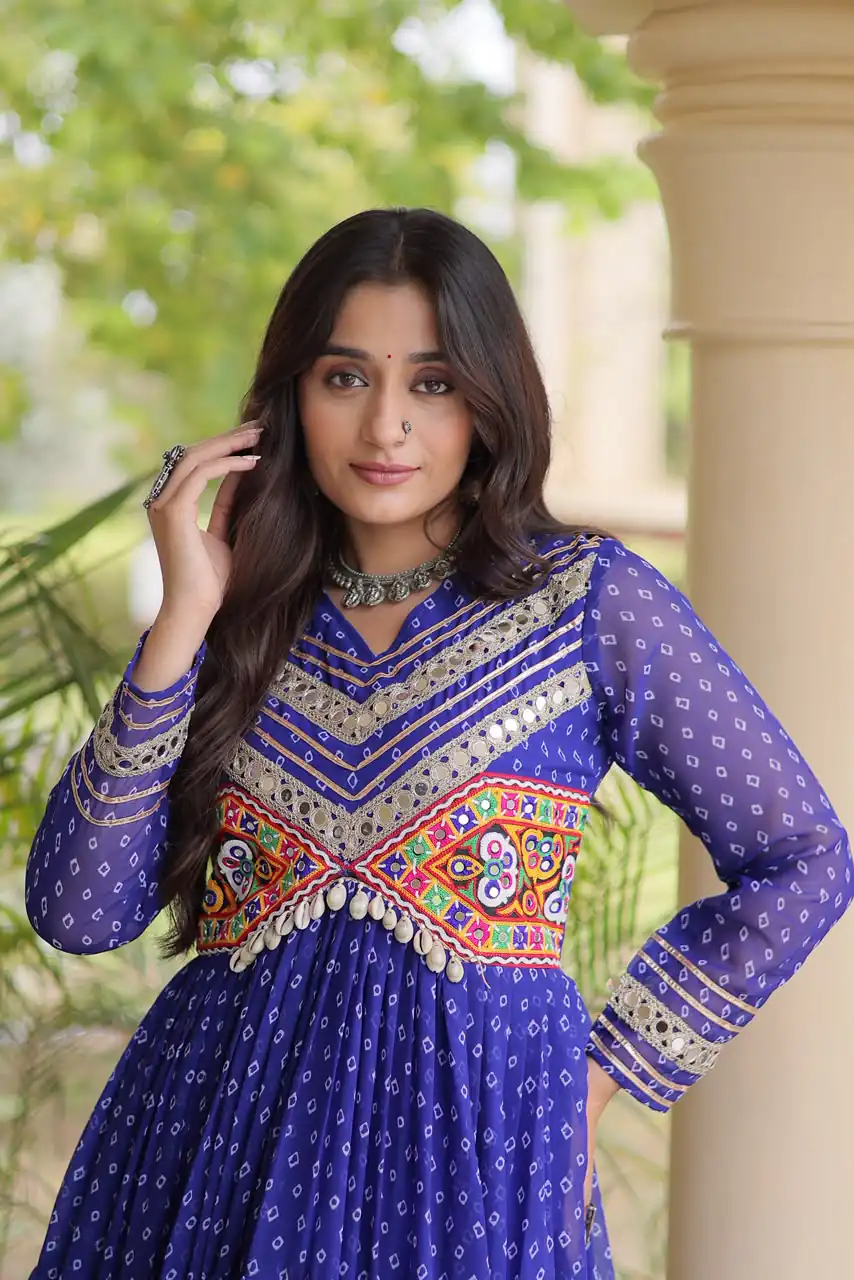 KA 1271 Royal Blue in Colour Faux Georgette Bandhani Print Work Gown. Available at ₹2069 only. Delivery 4-6 Working Days. Shop now. | Bollywood Gowns, Creative Gowns, Designer Gowns, Embroidered Gowns, Gowns, Party Wear Gowns