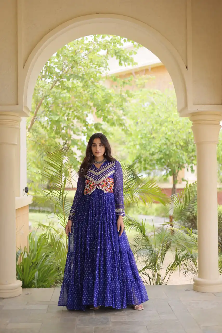 KA 1271 Royal Blue in Colour Faux Georgette Bandhani Print Work Gown. Available at ₹2069 only. Delivery 4-6 Working Days. Shop now. | Bollywood Gowns, Creative Gowns, Designer Gowns, Embroidered Gowns, Gowns, Party Wear Gowns