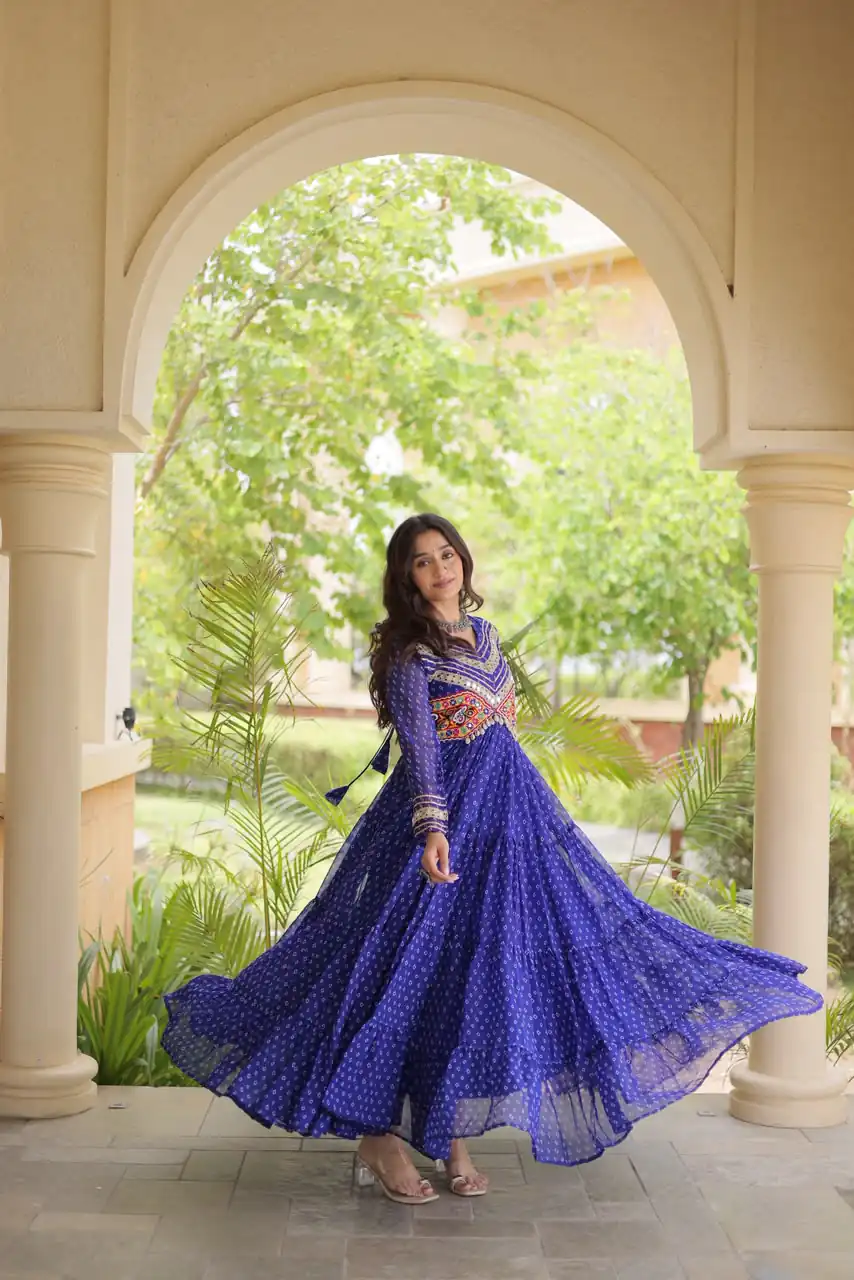 KA 1271 Royal Blue in Colour Faux Georgette Bandhani Print Work Gown. Available at ₹2069 only. Delivery 4-6 Working Days. Shop now. | Bollywood Gowns, Creative Gowns, Designer Gowns, Embroidered Gowns, Gowns, Party Wear Gowns
