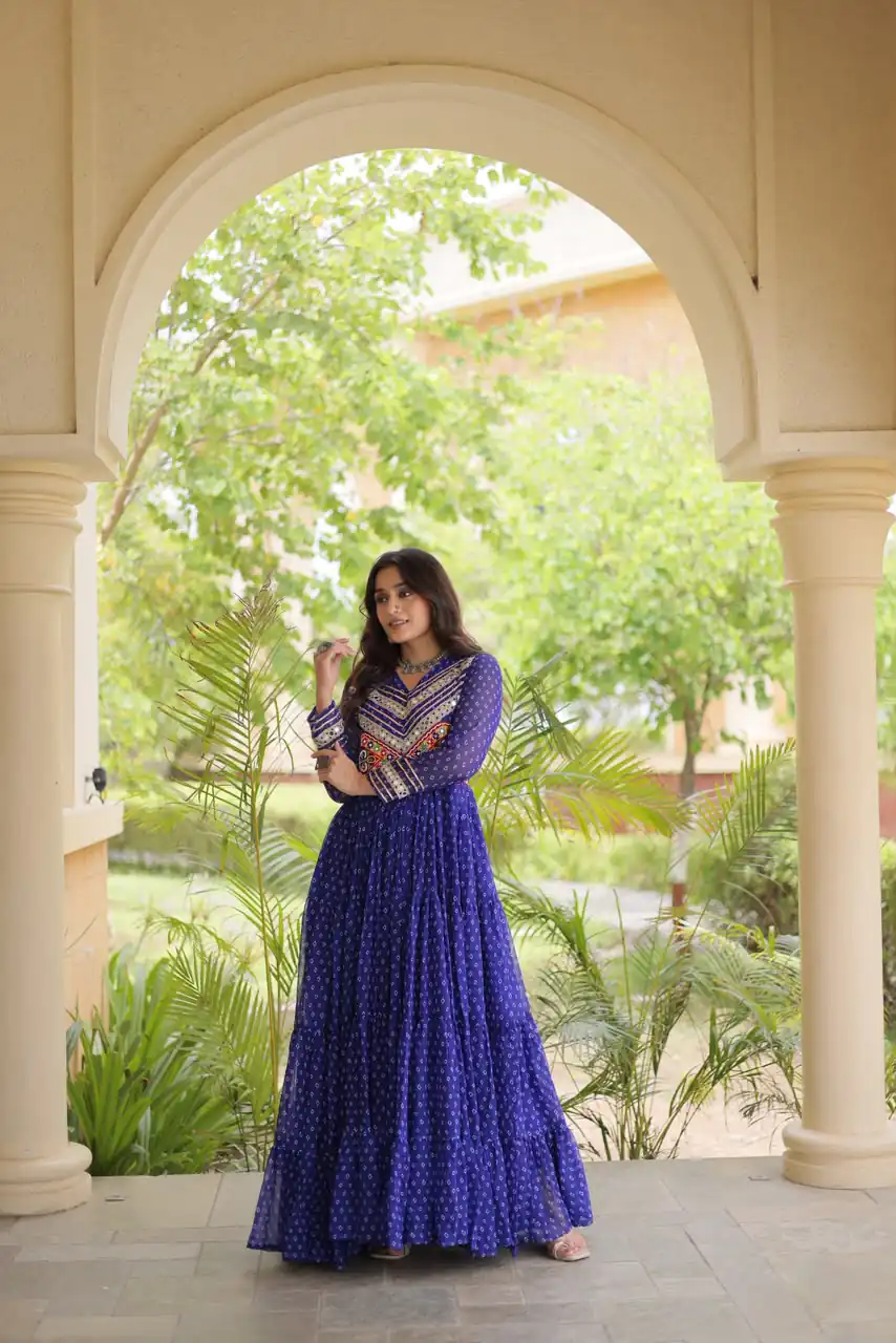 KA 1271 Royal Blue in Colour Faux Georgette Bandhani Print Work Gown. Available at ₹2069 only. Delivery 4-6 Working Days. Shop now. | Bollywood Gowns, Creative Gowns, Designer Gowns, Embroidered Gowns, Gowns, Party Wear Gowns