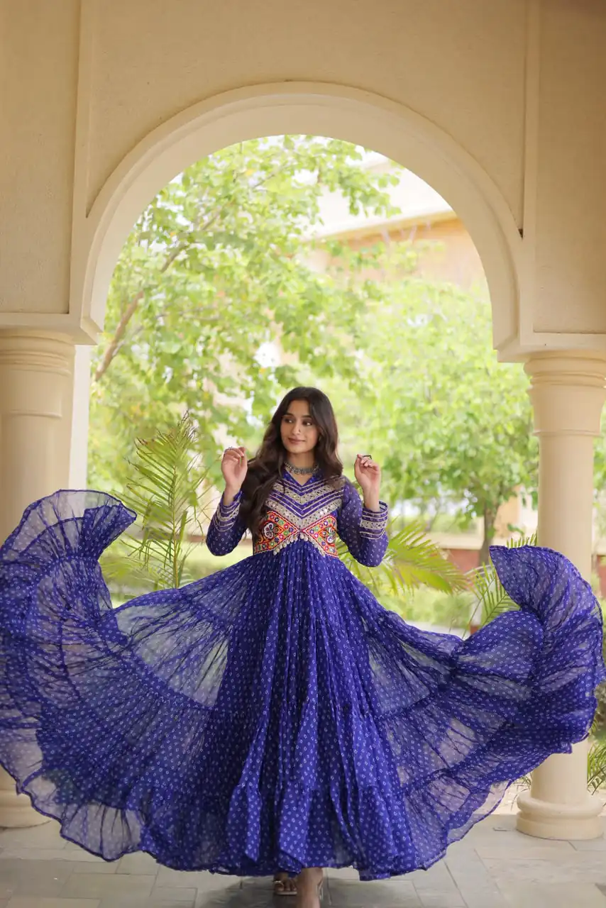 KA 1271 Royal Blue in Colour Faux Georgette Bandhani Print Work Gown. Available at ₹2069 only. Delivery 4-6 Working Days. Shop now. | Bollywood Gowns, Creative Gowns, Designer Gowns, Embroidered Gowns, Gowns, Party Wear Gowns