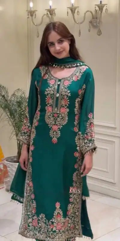 AD 240 Teal Faux Georgette Salwar Suit with Mirror Work & Embroidery Work. Get it for ₹2449. Delivery 4-6 Working Days. Shop now. | Casual Suits, Jump Suits, Creative suits, Designer Suits, Palazzo Suits, Party Wear Suits, Patiala Suits, Salwar suit, Straight Suits