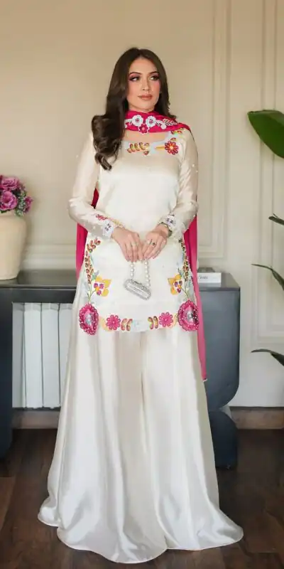 VLM 338 White Color Roman Silk Salwar Suit with Embroidery Work. Available at ₹2499 only. Delivery 4-6 Working Days. Shop now. | Casual Suits, Jump Suits, Creative suits, Designer Suits, Palazzo Suits, Party Wear Suits, Patiala Suits, Salwar suit, Straight Suits
