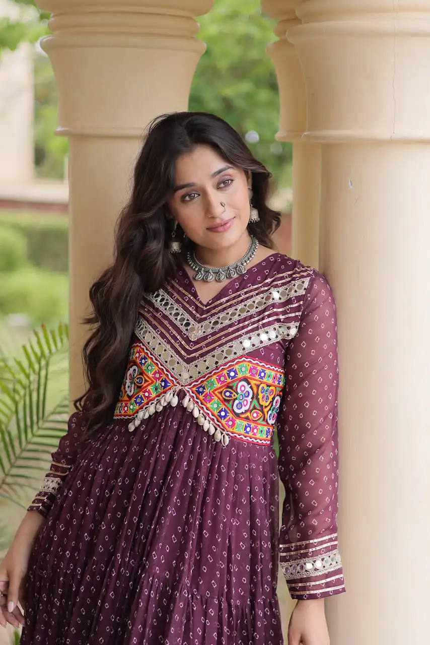 KA 1271 Wine in Colour Faux Georgette Bandhani Print Work Gown. Available at ₹2069 only. Delivery 4-6 Working Days. Shop now. | Bollywood Gowns, Creative Gowns, Designer Gowns, Embroidered Gowns, Gowns, Party Wear Gowns