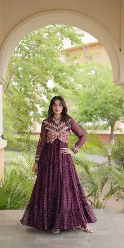 KA 1271 Wine in Colour Faux Georgette Bandhani Print Work Gown. Available at ₹2069 only. Delivery 4-6 Working Days. Shop now. | Bollywood Gowns, Creative Gowns, Designer Gowns, Embroidered Gowns, Gowns, Party Wear Gowns