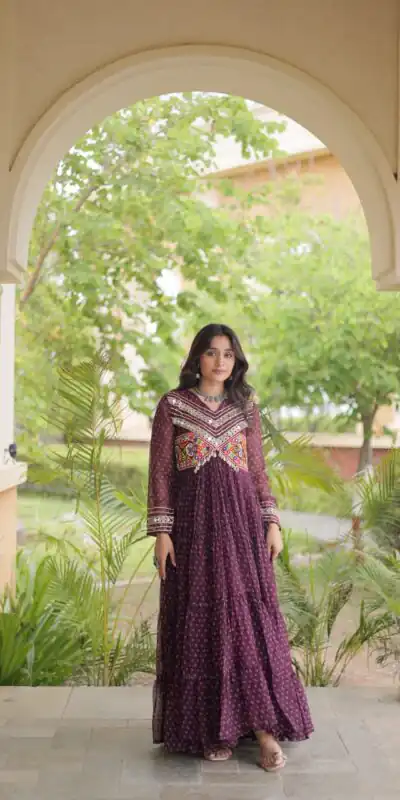 KA 1271 Wine in Colour Faux Georgette Bandhani Print Work Gown. Available at ₹2069 only. Delivery 4-6 Working Days. Shop now. | Bollywood Gowns, Creative Gowns, Designer Gowns, Embroidered Gowns, Gowns, Party Wear Gowns