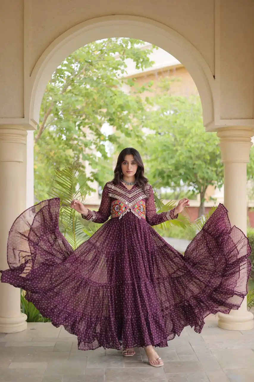 KA 1271 Wine in Colour Faux Georgette Bandhani Print Work Gown. Available at ₹2069 only. Delivery 4-6 Working Days. Shop now. | Bollywood Gowns, Creative Gowns, Designer Gowns, Embroidered Gowns, Gowns, Party Wear Gowns