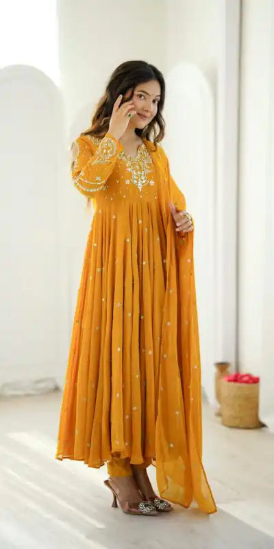 JF 056 Yellow Faux Georgette Salwar Suit with Mirror Work & Embroidery Work. Get it for ₹2349. Delivery 4-6 Working Days. Shop now. | Casual Suits, Jump Suits, Creative suits, Designer Suits, Palazzo Suits, Party Wear Suits, Patiala Suits, Salwar suit, Straight Suits